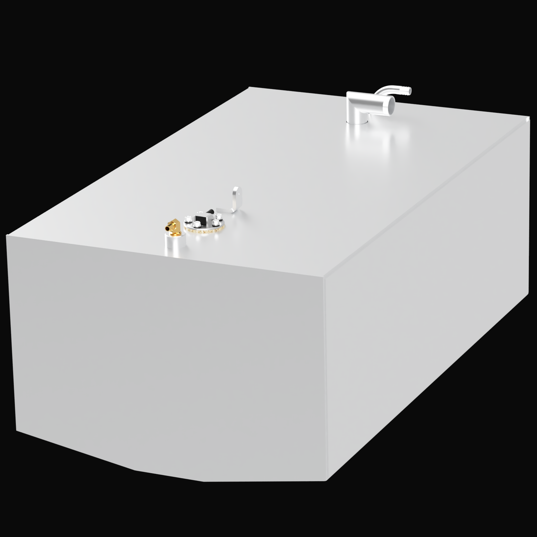 "Angled view of a silver, rectangular marine fuel tank. It features a silver elbow filler or vent tube and a round black fuel sender access plate with brass fittings, both mounted on the top surface."