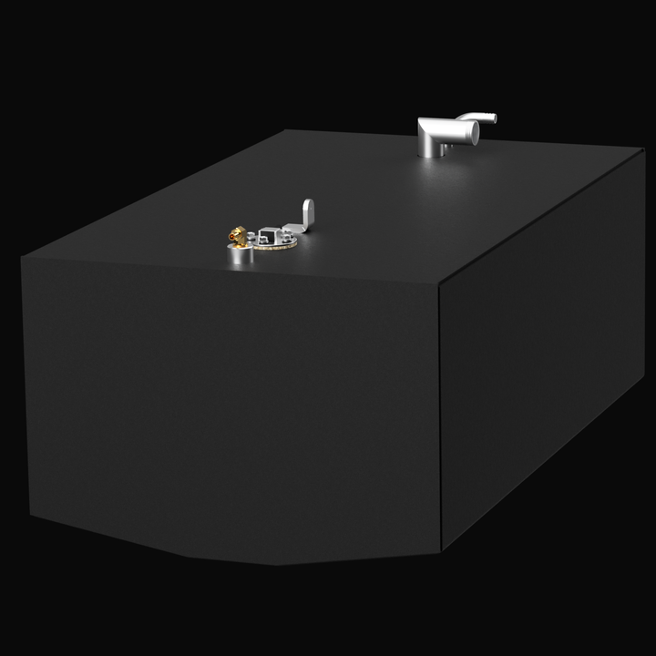 Angled view of a black marine fuel tank with a slightly slanted front, showing the fuel sender access plate and a single vent or fill fitting on the top corner