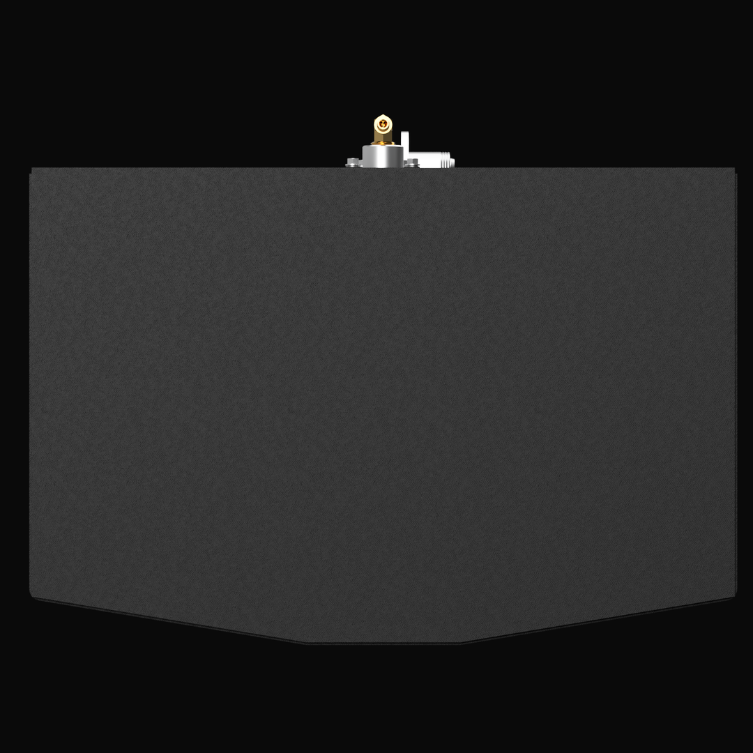 "Front view of a dark, rectangular marine fuel tank, showing only the upper edge and a brass fitting and hose connection assembly on the top surface."