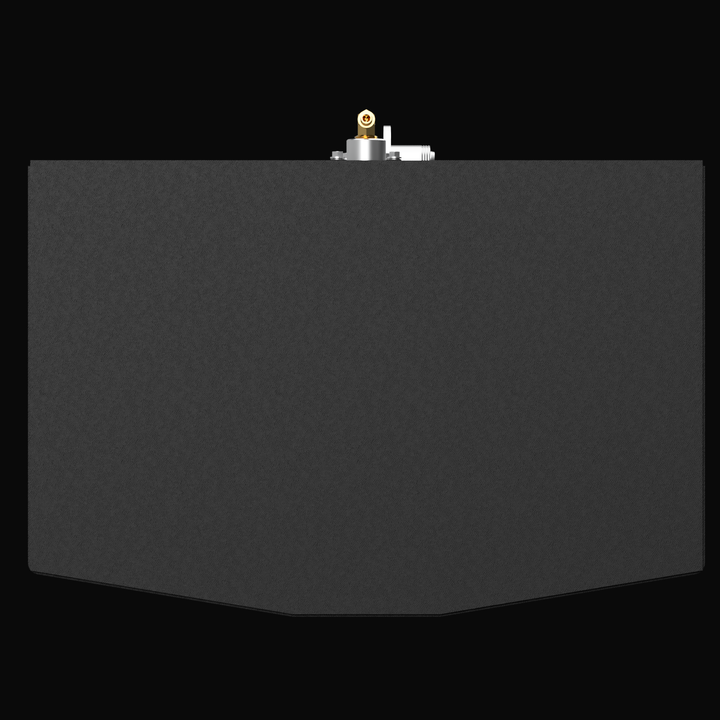 "Front view of a dark, rectangular marine fuel tank, showing only the upper edge and a brass fitting and hose connection assembly on the top surface."