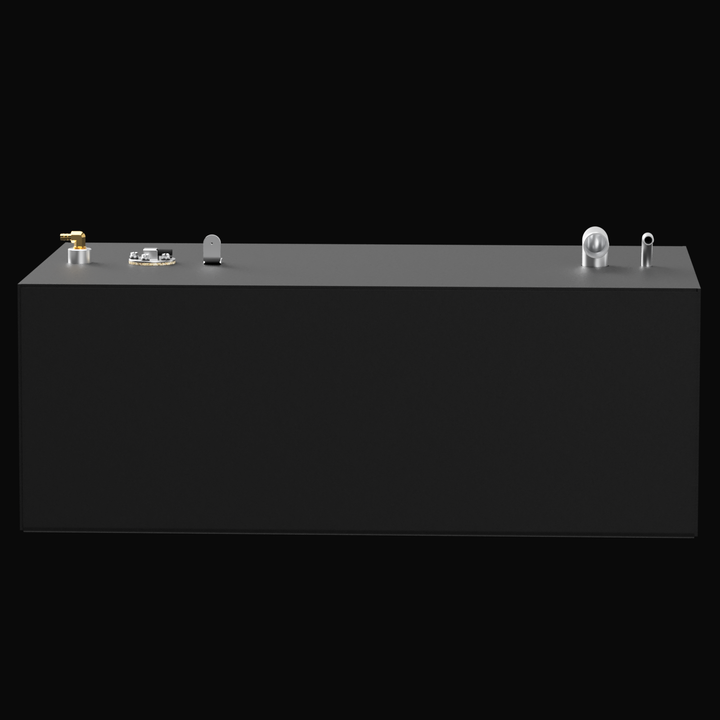 "Long side view of a black marine fuel tank showing various fittings along the top edge, including a brass elbow, a fuel sender port, and silver vent and pick-up tubes."