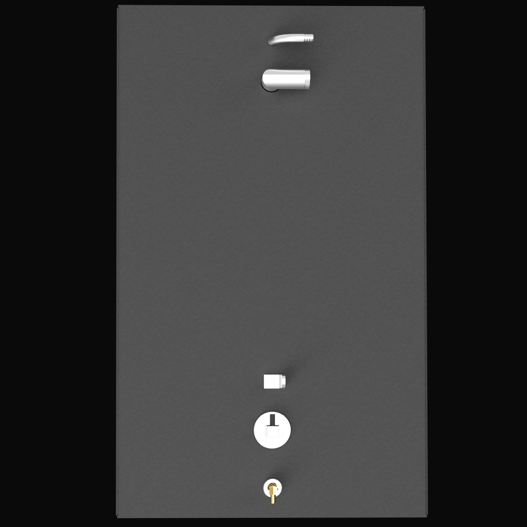 "Overhead, top-down view of a dark gray marine fuel tank showing the placement of the fittings, including two silver tubular fittings and a brass elbow fitting near the top, and a white circular fuel sender access port near the bottom."