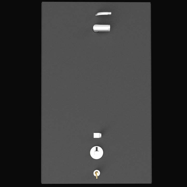 "Overhead, top-down view of a dark gray marine fuel tank showing the placement of the fittings, including two silver tubular fittings and a brass elbow fitting near the top, and a white circular fuel sender access port near the bottom."