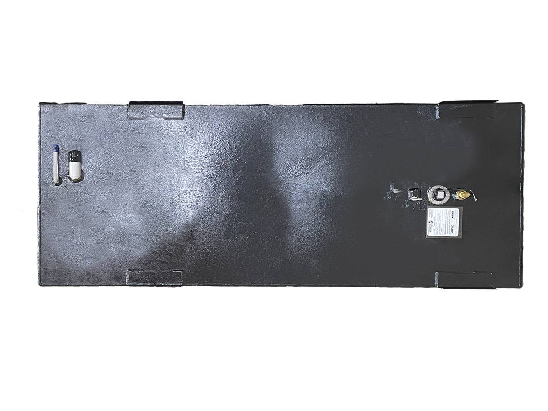 A direct top-down photo of a long, rectangular, dark, textured boat fuel tank, showing various fittings, a fuel sender, and a specification plate on its surface, along with black mounting tabs, all against a transparent checkerboard background.