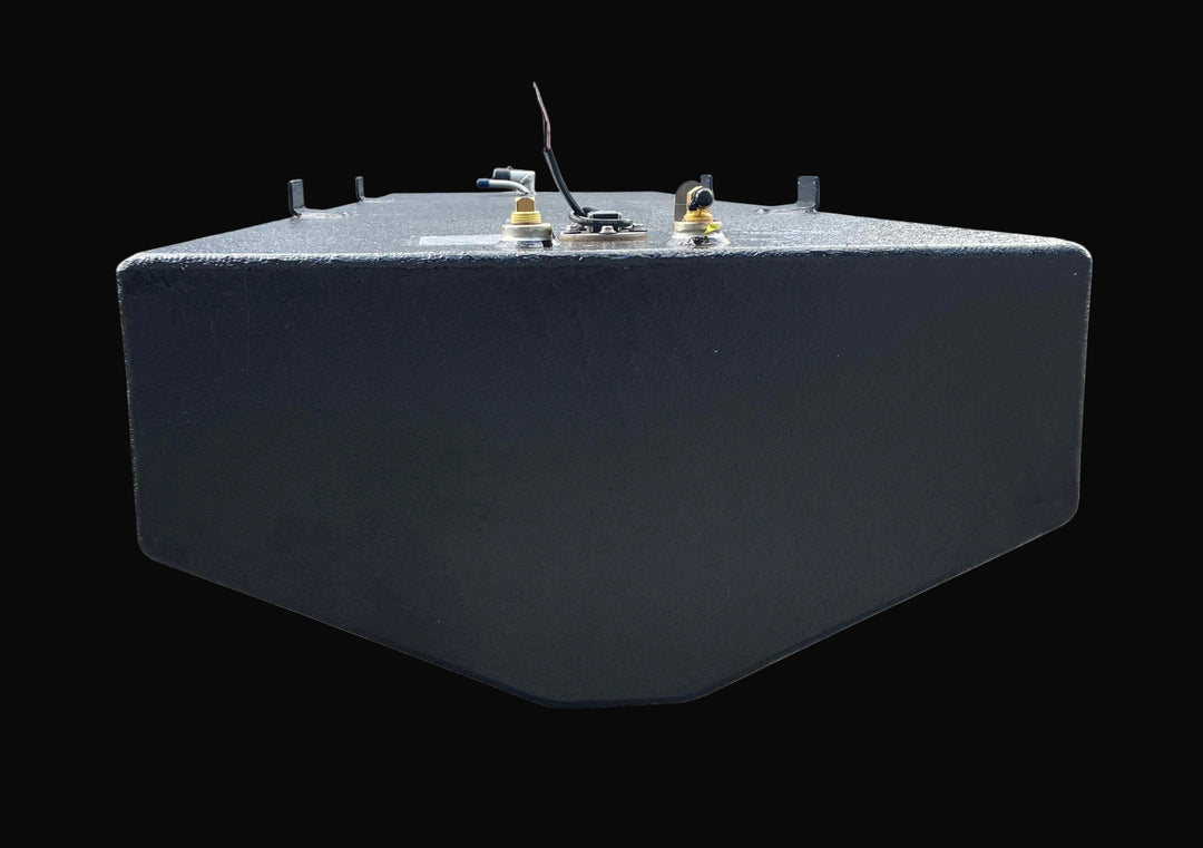 "Parker 25 Center Marine Fuel Tank - V-Bottom Profile View Showing Deadrise Angle and Fittings"