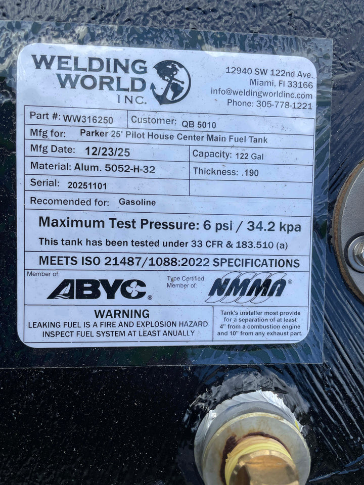 Welding World Inc. label on a fuel tank with specifications and certifications.