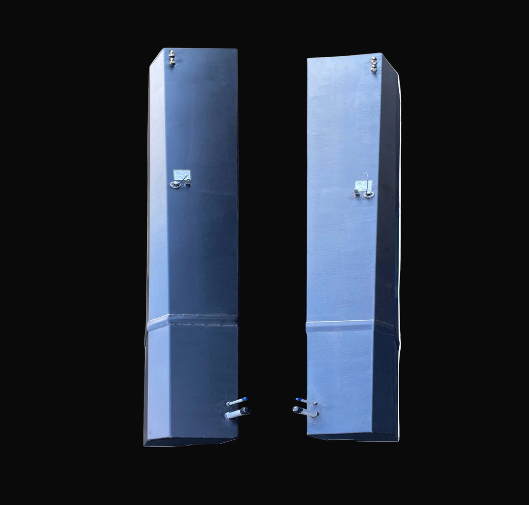 Overhead view of the twin Seacraft 32 replacement fuel tanks side-by-side, showcasing the mirrored Port and Starboard configuration. The image details the full length of the black-coated aluminum bodies, central sender units, and the symmetrical layout of the fill and vent pipes.