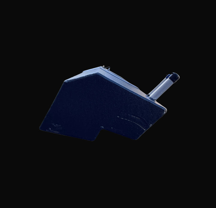 Profile view of the Seacraft 32 replacement fuel tank, highlighting the extended aluminum fill and vent pipes. The image details the complex, custom-fabricated shape with an angled bottom and notched corner, finished with a black protective coating.