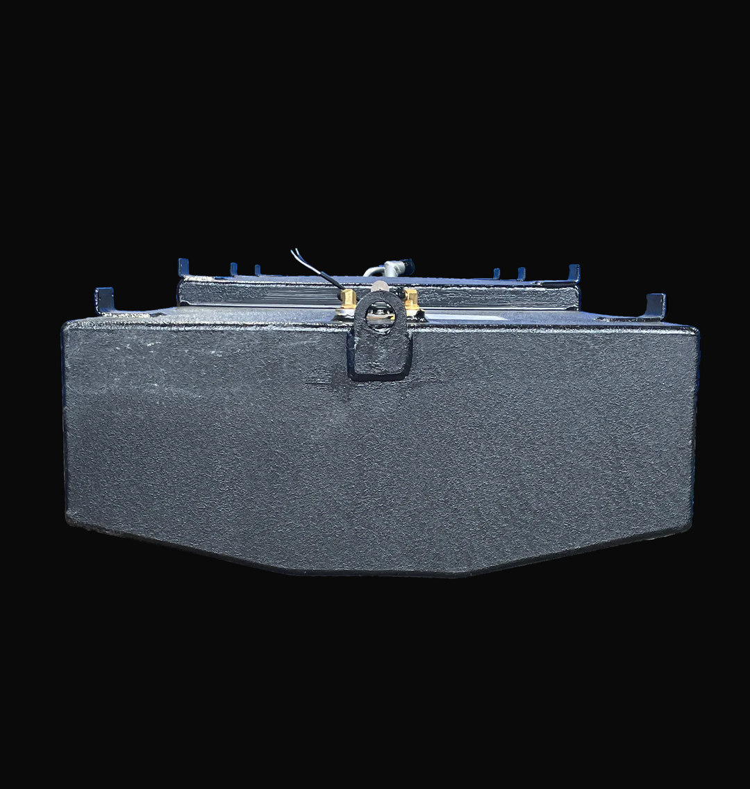 End elevation view of the 1998 Mako 261 replacement fuel tank (171 gal), showing the fuel sender and connection points on the top deck. The image details the V-shaped hull contour, welded lifting eye, and the textured black protective coating.