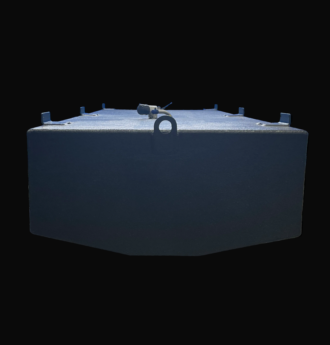 End elevation view of the 1998 Mako 261 replacement fuel tank (171 gal). The image highlights the tapered V-bottom profile designed to match the hull deadrise, along with the central lifting eye and top mounting tabs.