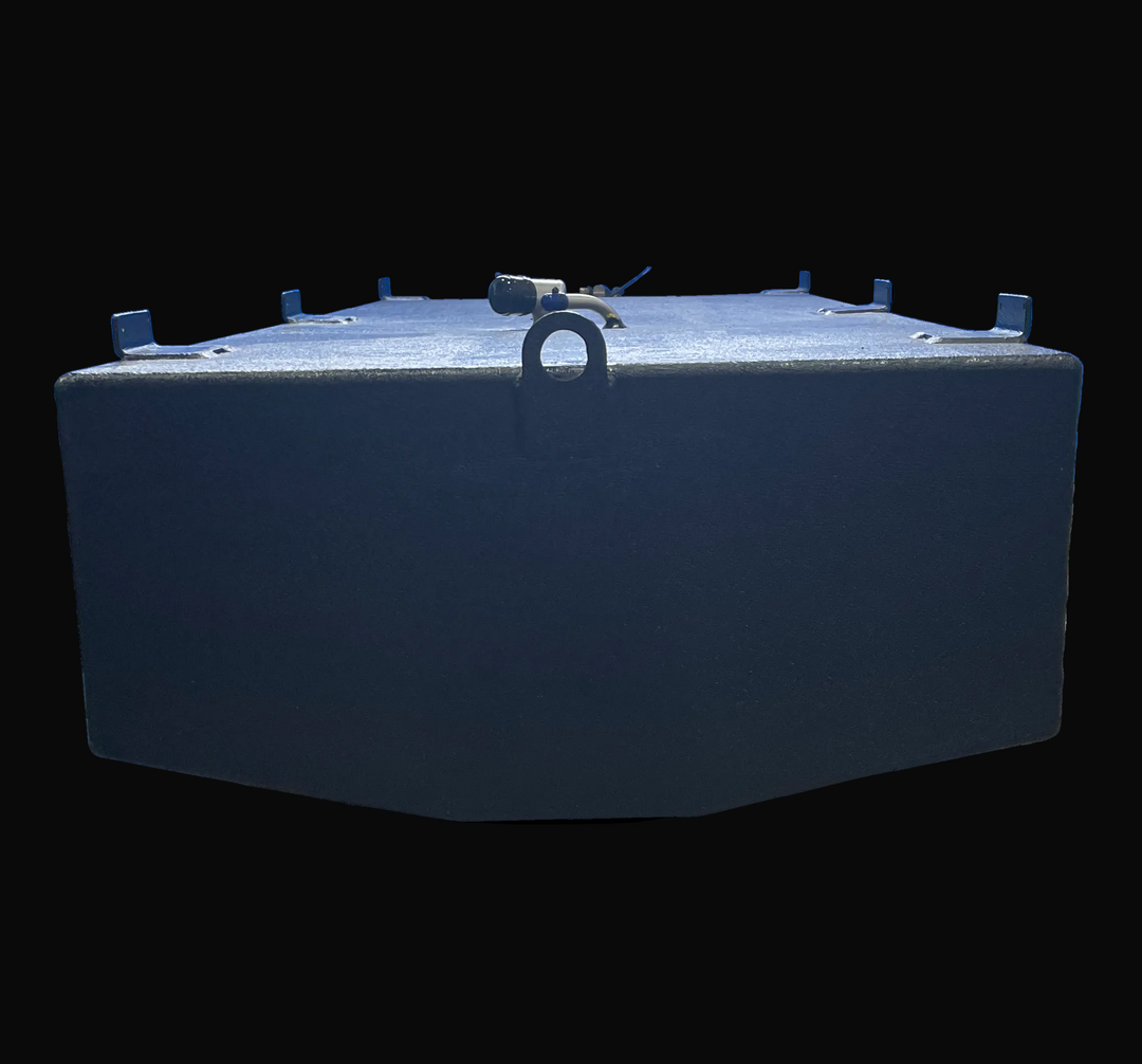 End profile view of the 1998 Mako 261 replacement fuel tank (171 gal), illustrating the slight V-bottom hull contour designed for proper fitment. The image highlights the heavy-duty central lifting eye and the welded mounting tabs on the top edges.