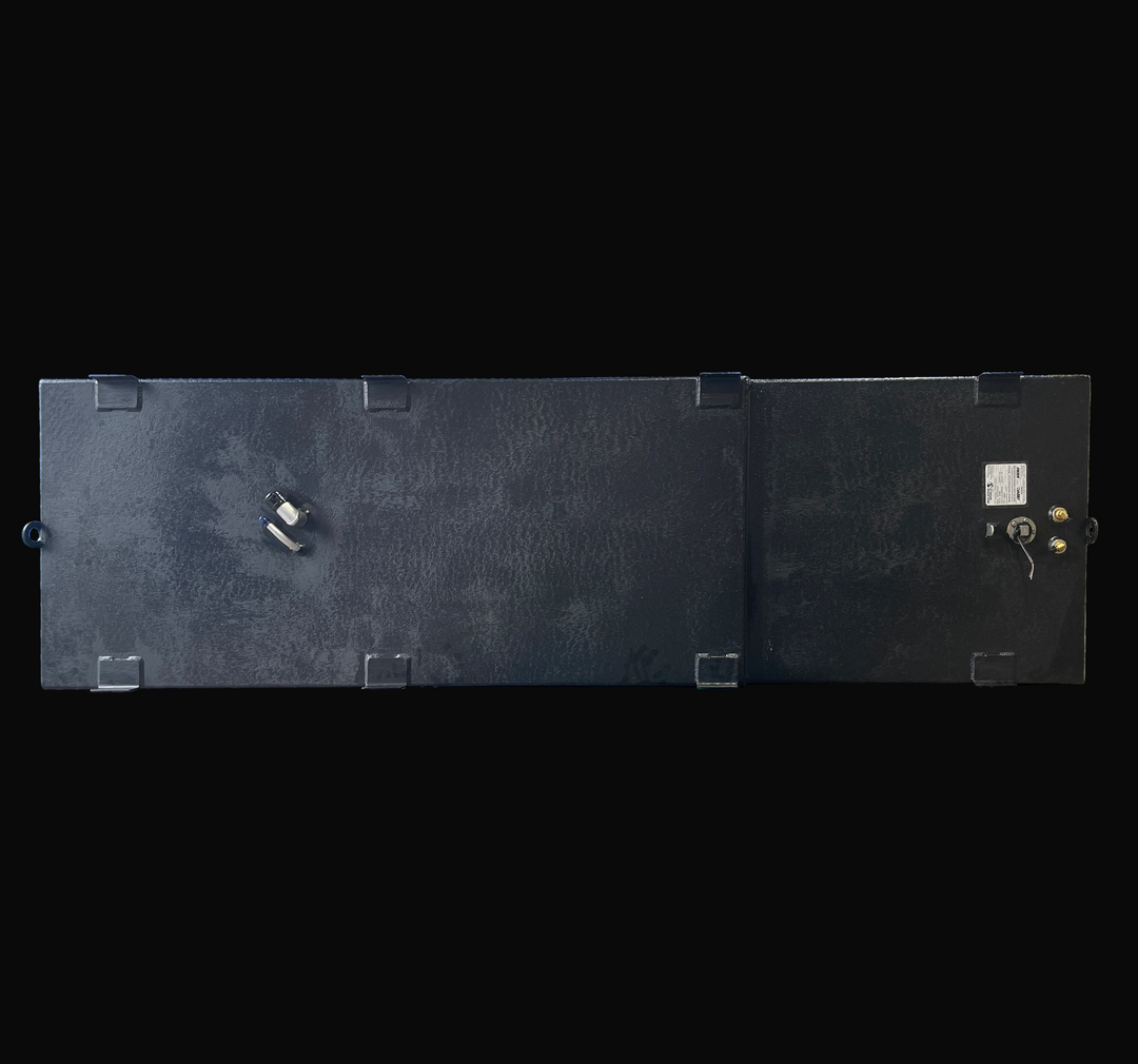 Side elevation view of the 1998 Mako 261 replacement fuel tank (171 gal), capturing the full longitudinal profile. The image displays the stepped top deck design, distinct welded mounting tabs along the upper edge, and black-coated aluminum construction.