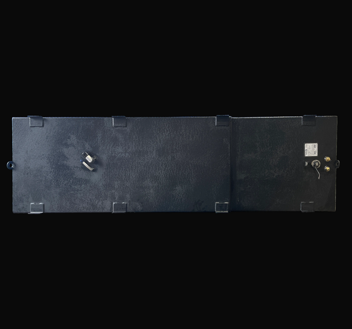 Side elevation view of the 1998 Mako 261 replacement fuel tank (171 gal), capturing the full longitudinal profile. The image displays the stepped top deck design, distinct welded mounting tabs along the upper edge, and black-coated aluminum construction.