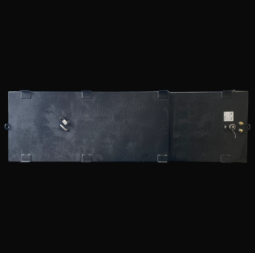 Overhead plan view of the 1998 Mako 261 replacement fuel tank (171 gal), detailing the complete top layout. The image shows the position of the fuel fill and vent fittings, the sending unit with data label, and the arrangement of the welded mounting tabs along the perimeter.