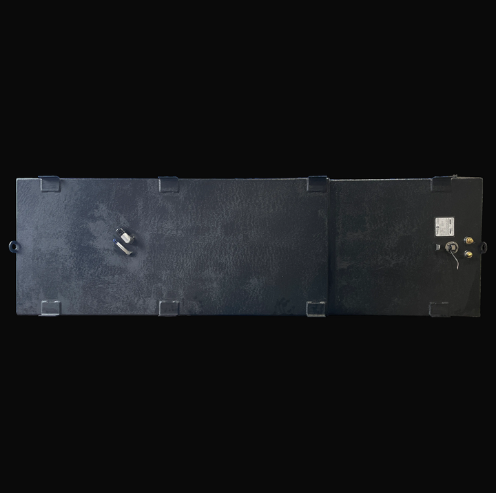Overhead plan view of the 1998 Mako 261 replacement fuel tank (171 gal), detailing the complete top layout. The image shows the position of the fuel fill and vent fittings, the sending unit with data label, and the arrangement of the welded mounting tabs along the perimeter.