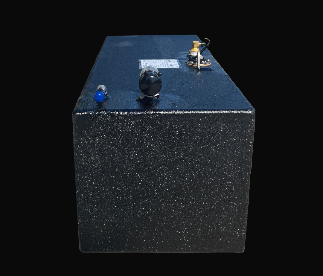 Side-profile view of a 33-gallon auxiliary fuel tank for an Intrepid Stoner 27, highlighting the heavy-duty coal-tar epoxy finish, top-mounted fuel fill, vent port, brass pickup fitting, and sending unit for a complete OEM-spec replacement.