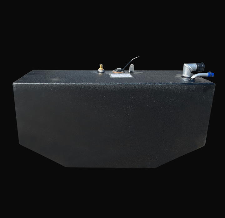 Front-profile view of a 33-gallon auxiliary fuel tank for an Intrepid Stoner 27, featuring a heavy-duty coal-tar epoxy finish, top-mounted brass pickup, fuel fill, and vent fittings with a precision-engineered V-bottom hull profile.