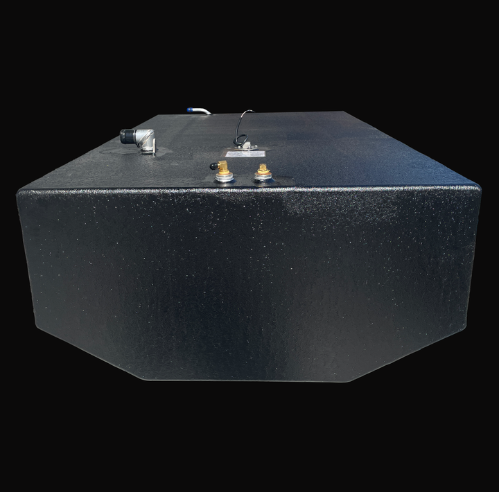 Front-profile view of a 148-gallon primary fuel tank for an Intrepid Stoner 27, featuring a corrosion-resistant coal-tar epoxy finish, dual brass fuel pickups, a pre-wired sending unit, and a precision-engineered V-hull bottom profile.