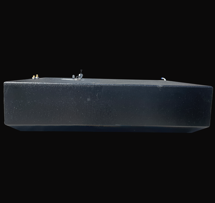 Longitudinal side-profile view of a 148-gallon primary fuel tank for an Intrepid Stoner 27, showcasing the textured coal-tar epoxy finish and the low-profile V-hull bottom design for an OEM-spec fit.