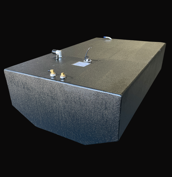 Isometric view of a 149-gallon Intrepid 26 Stoner replacement fuel tank featuring a heavy-duty coal-tar epoxy finish, top-mounted brass fuel pickups, and a pre-installed sending unit on a V-shaped aluminum hull-fit design.