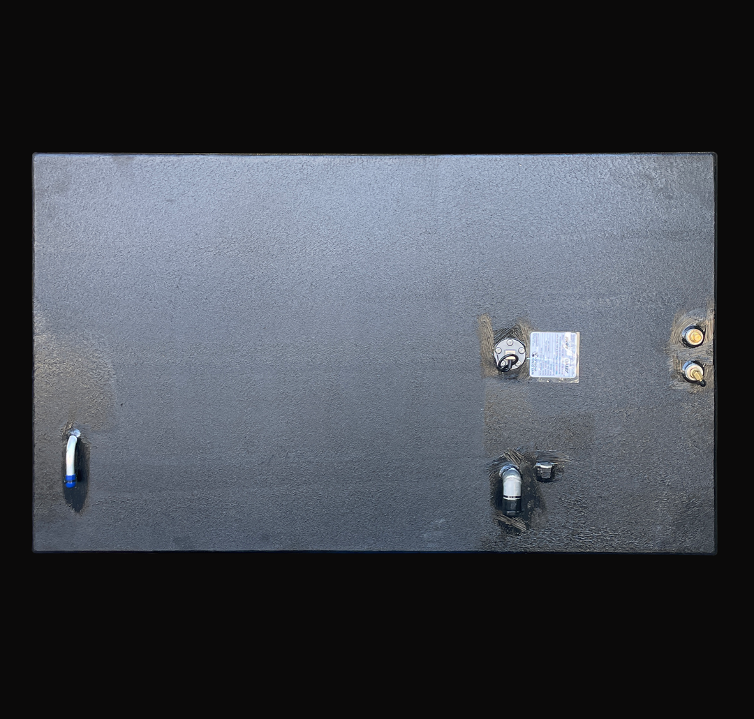 Overhead plan view of a 148-gallon primary fuel tank for an Intrepid Stoner 27, showing the layout of the coal-tar epoxy finish, top-mounted fuel fill, vent port, dual brass pickups, and KUS sending unit with certification label.
