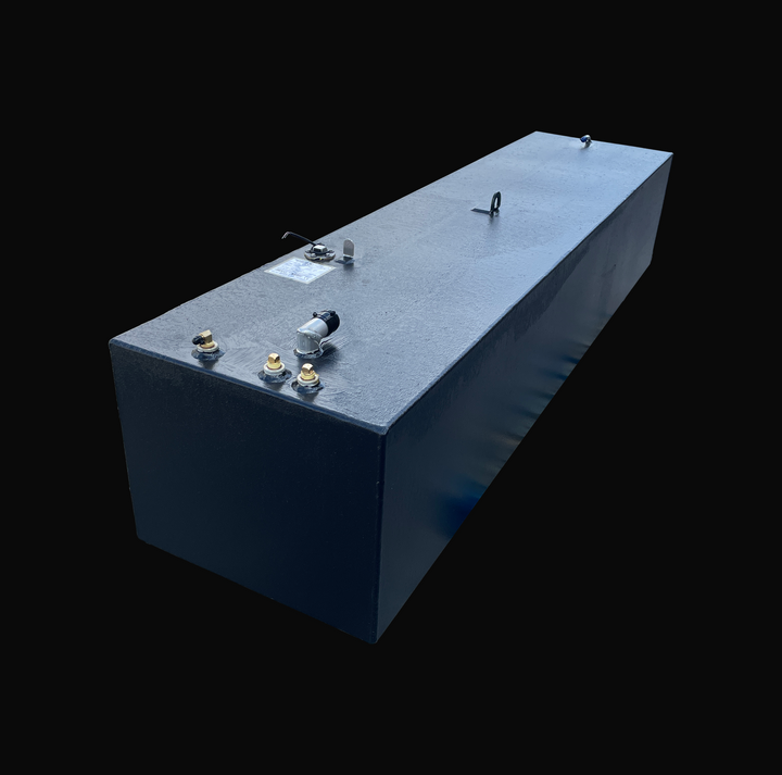 A three-quarter perspective high-angle view of a SeaVee 25 main replacement marine fuel tank with a 147-gallon capacity, showing its elongated, deep rectangular body configuration. The exterior features a premium textured black TarGard epoxy finish applied over heavy-duty marine-grade 5052-H32 aluminum for ultimate bilge corrosion defense. The top deck highlights a specialized hardware array including a heavy-duty fuel fill neck, triple brass fuel pickups and ports, a mechanical fuel level sending unit with