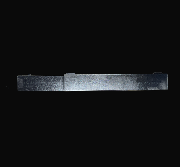 A full-length bottom plan studio view of a single physical, finished black encapsulated Jupiter 31 Cuddy port or starboard OEM replacement saddle fuel tank (105 gal) from file image_4a9505.png, isolated against a black background. This underside perspective illustrates the tank's custom stepped and tapered bottom geometry, precision-fabricated from heavy-gauge marine-grade 5052-H32 aluminum to sit flush within the vessel's outboard hull stringer bay. The entire bottom plate assembly is fully encapsulated in
