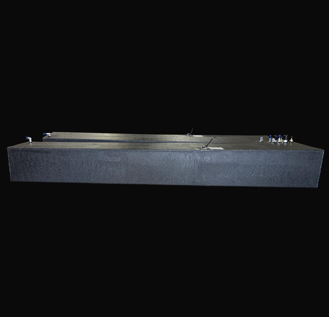 Side-perspective view of the complete 3-tank replacement fuel system for a 1991 Intrepid 30, featuring the long 178-gallon main tank and auxiliary 47-gallon wing tanks. The image highlights the rugged, high-build Coal Tar Epoxy coating and precision-welded fittings, ensuring a guaranteed OEM fit and maximum corrosion resistance for offshore performance.