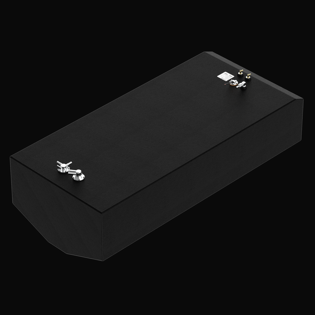 Isometric 3D rendering of a 282-gallon Intrepid 327 Open replacement fuel tank featuring a textured coal-tar epoxy finish, triple anti-siphon pickup tubes for multi-engine rigging, and a heavy-duty .250" aluminum hull-fit design.