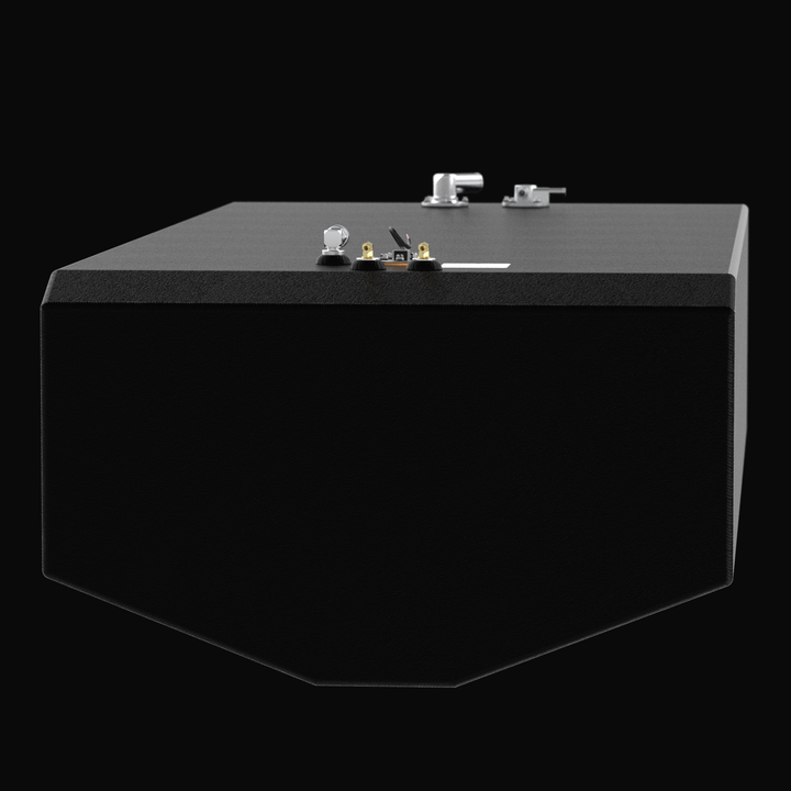 Rear-perspective 3D rendering of a 282-gallon Intrepid 327 Open replacement fuel tank, showcasing the tapered hull-fit geometry, heavy-duty coal-tar epoxy finish, and top-mounted rigging hardware on a solid black background.