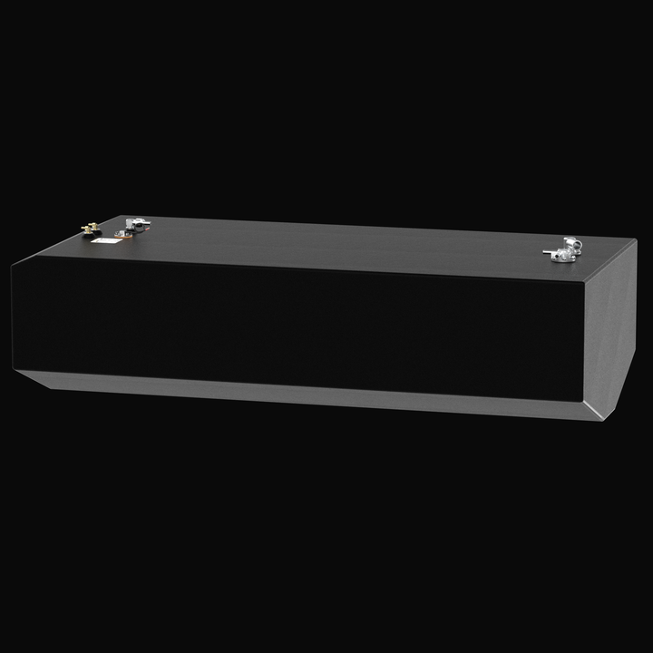 Side-profile 3D rendering of a 282-gallon Intrepid 327 Open replacement fuel tank, showcasing the long-form .250" aluminum construction, textured coal-tar epoxy finish, and tapered hull-fit bottom design on a solid black background.
