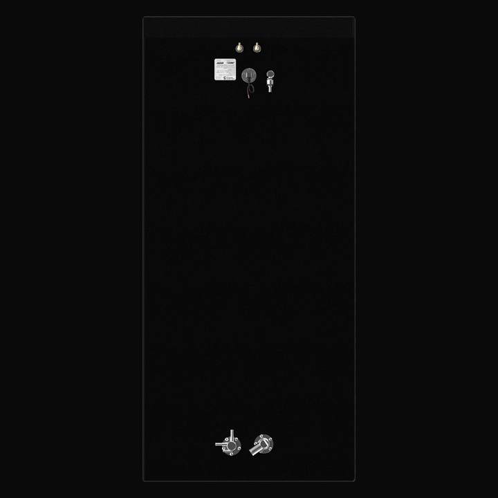 Top-down 3D plan view of a 282-gallon Intrepid 327 Open replacement fuel tank, showing the precise layout of the triple anti-siphon pickups, dual fuel fills, and KUS sending unit on a textured coal-tar epoxy surface.