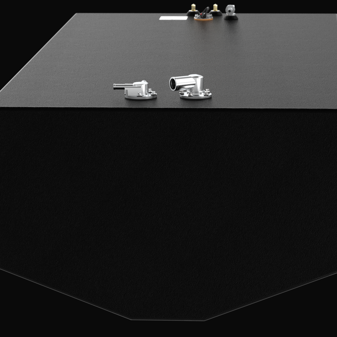 Front-angle 3D rendering of a 282-gallon Intrepid 327 Open replacement fuel tank, showcasing the heavy-duty coal-tar epoxy finish, dual fuel fill ports, and the precision-tapered V-hull design on a solid black background.