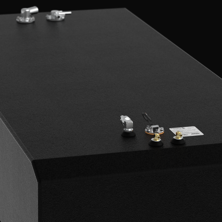 Close-up 3D rendering of the top-mounted rigging on a 282-gallon Intrepid 327 Open fuel tank, featuring triple anti-siphon pickup tubes, a KUS sending unit, and dual fuel fill ports on a textured coal-tar epoxy finish.