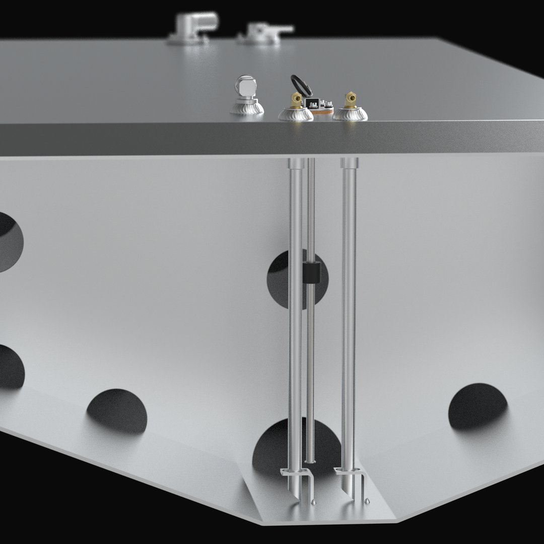 Internal cross-section 3D rendering of an Intrepid 327 Open fuel tank, highlighting triple anti-siphon pickup tubes for triple-outboard configurations, internal slosh baffles with drainage holes, and a KUS reed-switch sending unit.