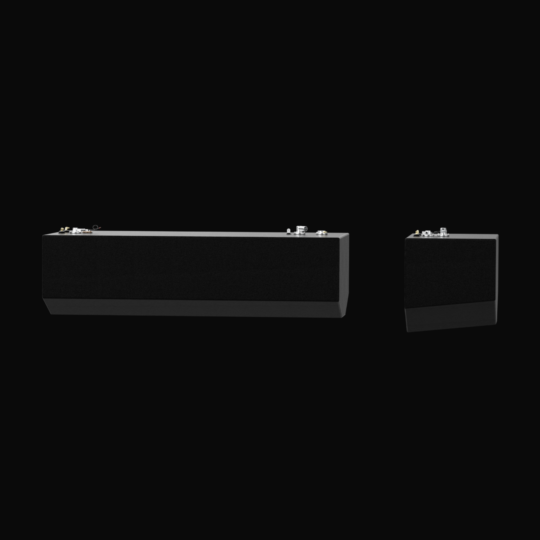 A straight-on side elevation and cross-sectional profile view of a black dual-tank configuration, detailing an Intrepid 375 Open (2-tank combo) OEM replacement marine fuel tank system. The visual highlights the larger main rectangular tank on the left and the smaller forward auxiliary tank on the right, both constructed from heavy-gauge marine-grade 5052-H32 aluminum and protected by a textured black TarGard epoxy coating. This true profile view emphasizes the multi-angled, V-hull tapered bottom geometry en