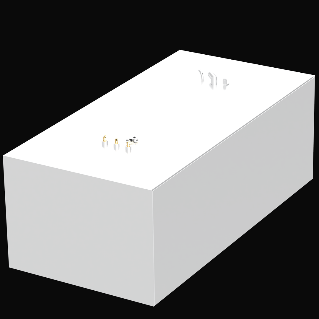 A 3D render showing the long side profile of a dark grey, rectangular fuel tank with two distinct clusters of silver and brass fittings visible protruding from the top edge, against a black background.