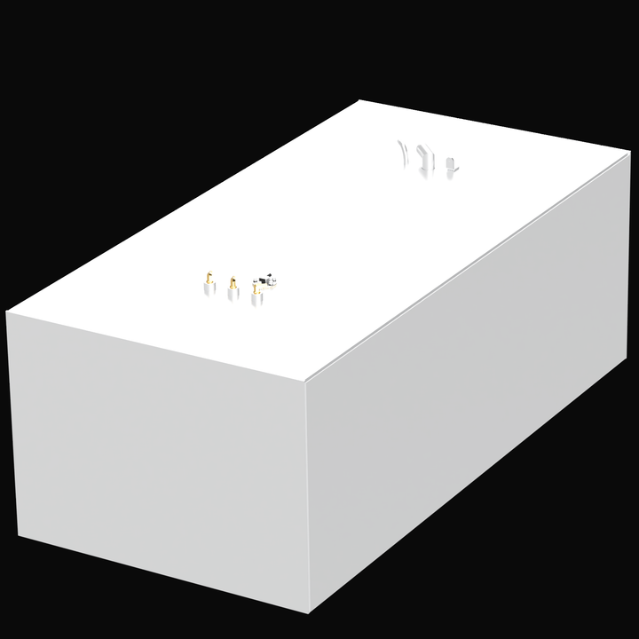 A 3D render showing the long side profile of a dark grey, rectangular fuel tank with two distinct clusters of silver and brass fittings visible protruding from the top edge, against a black background.