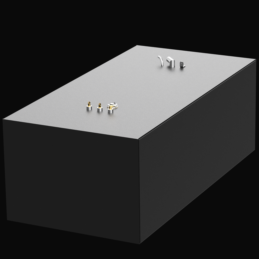 A 3D render of the Intrepid 350 WA 312-gallon fuel tank, showing the large, dark grey, rectangular tank with two clusters of metallic fittings on its top surface, against a black background.