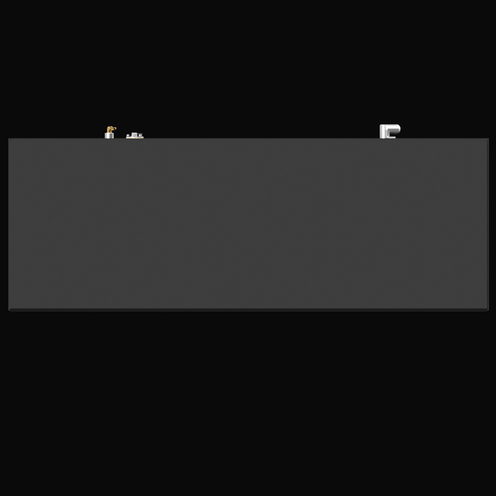 A 3D render showing the long side profile of a dark grey, rectangular fuel tank with two distinct clusters of silver and brass fittings visible protruding from the top edge, against a black background.