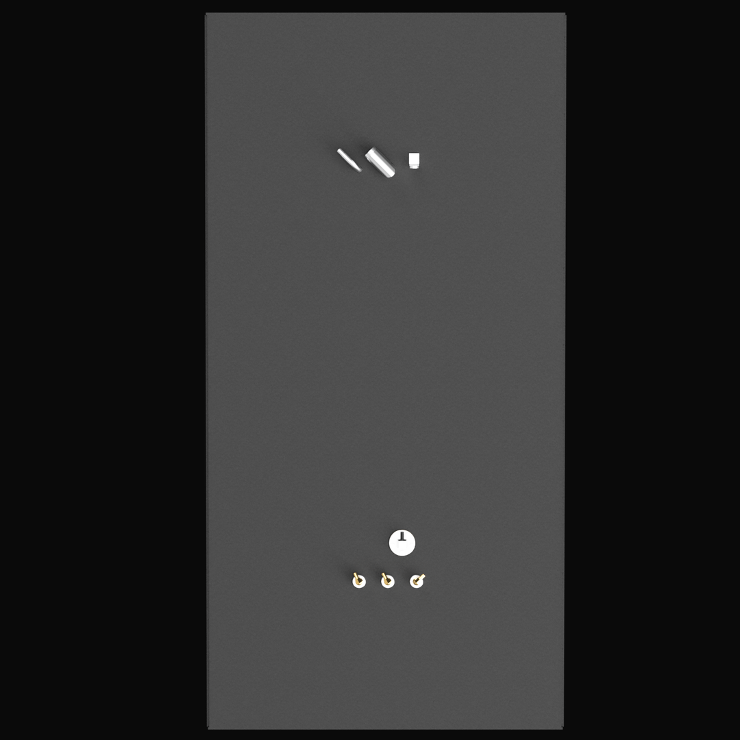 A 3D render showing the side profile of a dark grey, rectangular fuel tank with three brass-colored fittings visible protruding from the top edge, against a black background.