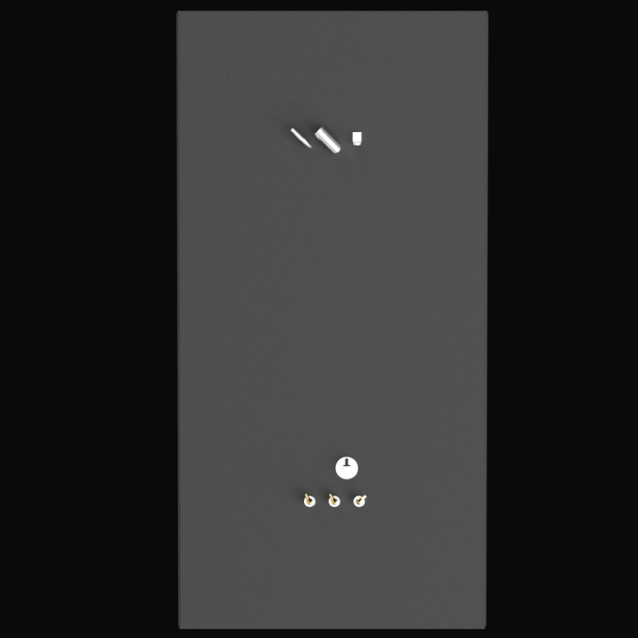 A 3D render showing the side profile of a dark grey, rectangular fuel tank with three brass-colored fittings visible protruding from the top edge, against a black background.