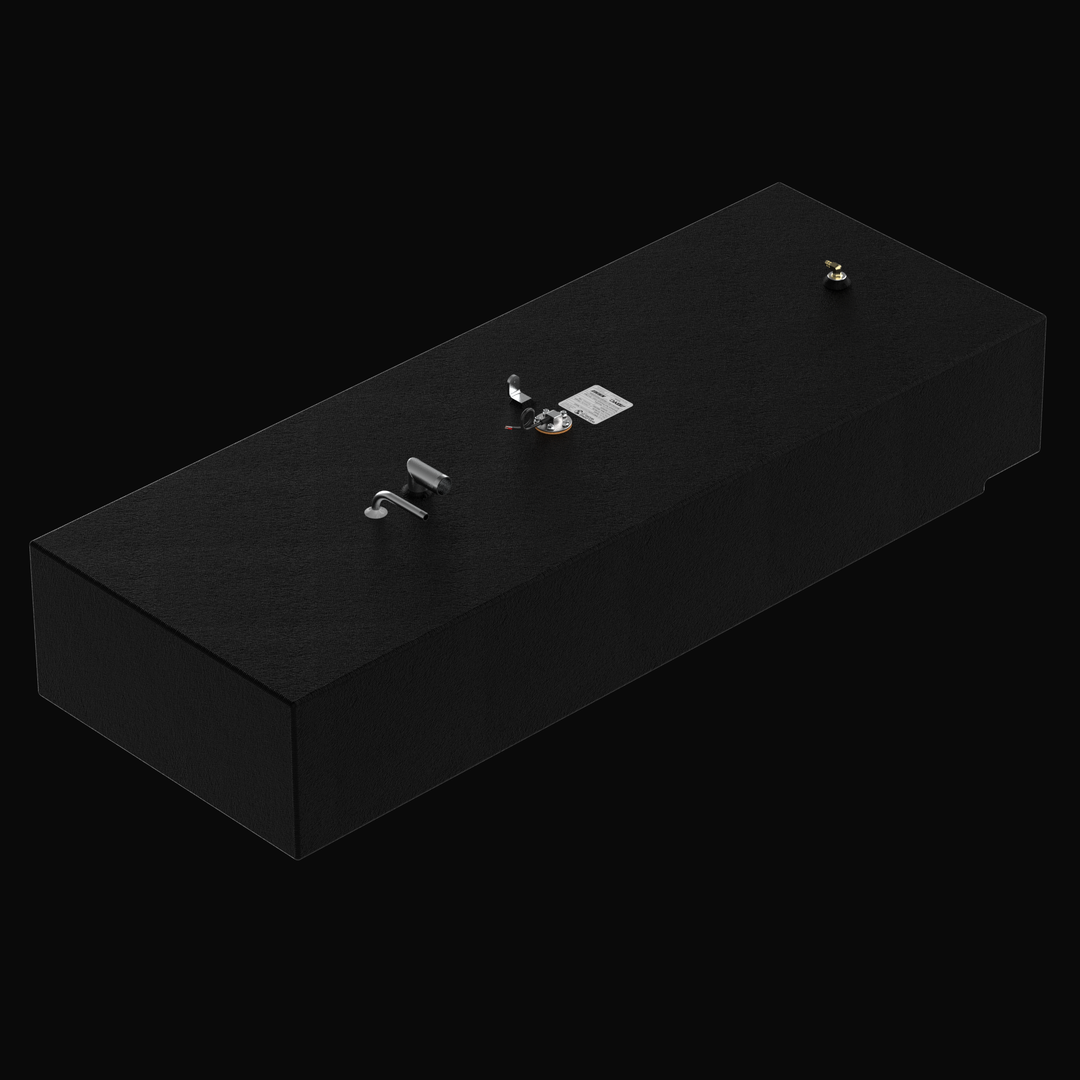 3D isometric rendering of a 120-gallon Mako 238 Cubby replacement fuel tank in matte black finish, featuring heavy-duty aluminum construction and top-mounted fuel fittings on a solid black background.