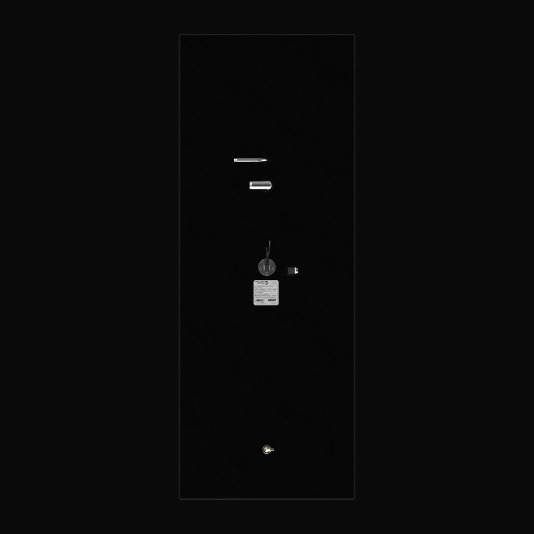 Top-down 3D rendering of a rectangular marine fuel tank with a textured black coal-tar epoxy finish, showing the linear layout of stainless steel fuel fittings, a KUS sending unit, and a manufacturing certification label on a solid black background.