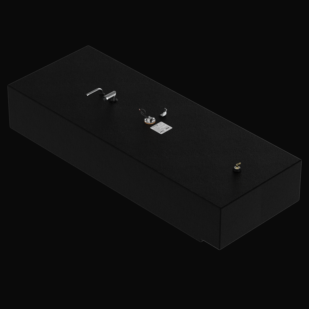 Wide-angle 3D isometric rendering of a 120-gallon Mako 238 Cubby replacement fuel tank with a textured black coal-tar epoxy finish, showcasing the full length of the aluminum tank with pre-installed stainless steel fuel fittings and KUS sending unit on a black background.