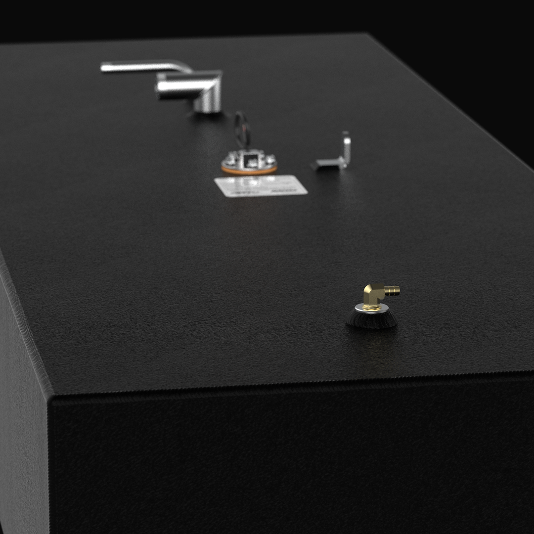 Low-perspective 3D rendering of a matte black marine fuel tank with a textured coal-tar epoxy finish, highlighting a brass fuel vent fitting, stainless steel hardware, and a center-mounted KUS sending unit on a solid black background.