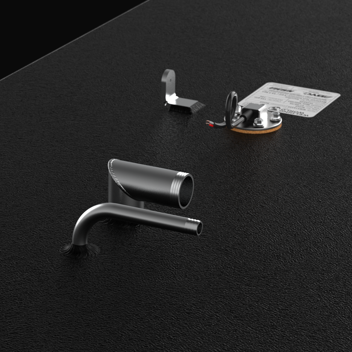 Detailed close-up 3D rendering of a matte black marine fuel tank with a textured coal-tar epoxy coating, showcasing precision-welded fuel fill and vent fittings, a stainless steel lifting eye, and a KUS fuel sending unit with a manufacturing certification label.