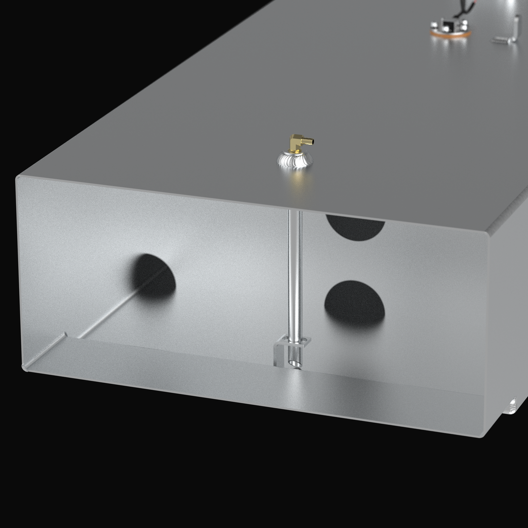 Cross-section 3D rendering of a Mako 238 Cubby aluminum fuel tank interior, showcasing internal anti-slosh baffles with circular flow-holes and a precision-welded center fuel pickup tube for consistent delivery in rough offshore conditions.
