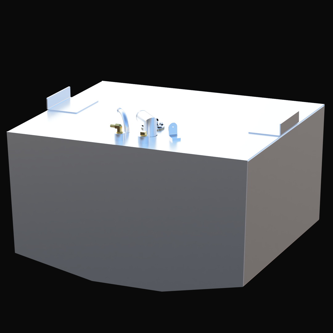 Mako 24 (1994) 49 gal aluminum Aux fuel tank perspective view showing mounting tabs and fittings.