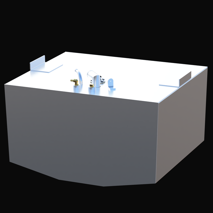 Mako 24 (1994) 49 gal aluminum Aux fuel tank perspective view showing mounting tabs and fittings.